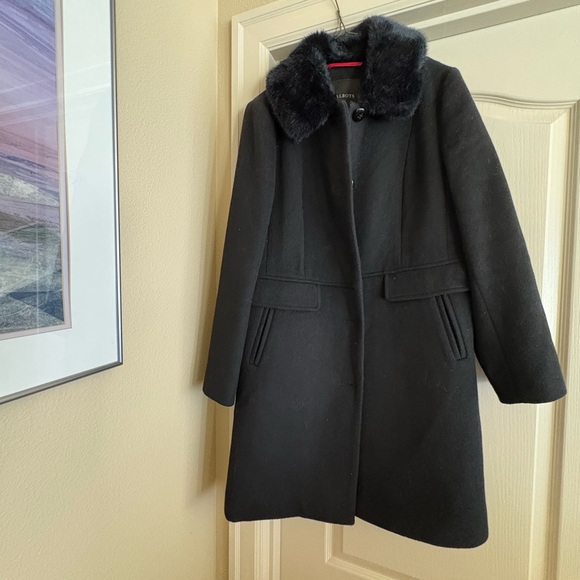 Talbots Black Wool Coat Removeable Faux Fur Collar SIze 8 $289 Polka Dot Lining - Picture 5 of 5